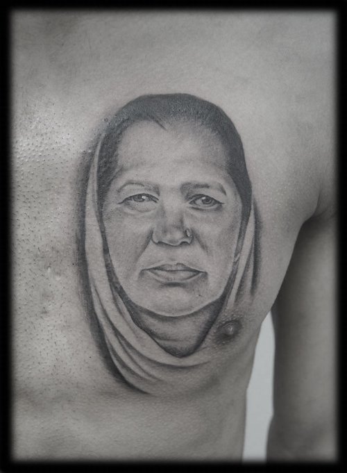 Mother Portrait Black And White Tattoo On Chest